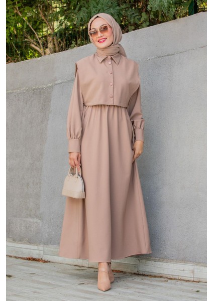 Double Krep Üst Cepken Detay Elbise-Taba