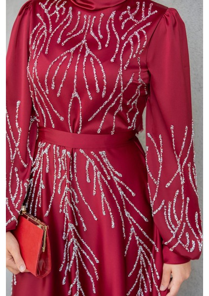 Ivy Boncuk Eva Nakışlı Saten Abiye-Bordo fiyatları