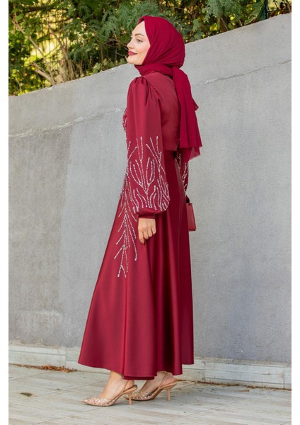 Ivy Boncuk Eva Nakışlı Saten Abiye-Bordo modelleri