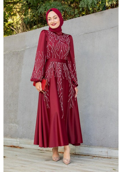 Ivy Boncuk Eva Nakışlı Saten Abiye-Bordo fırsatları