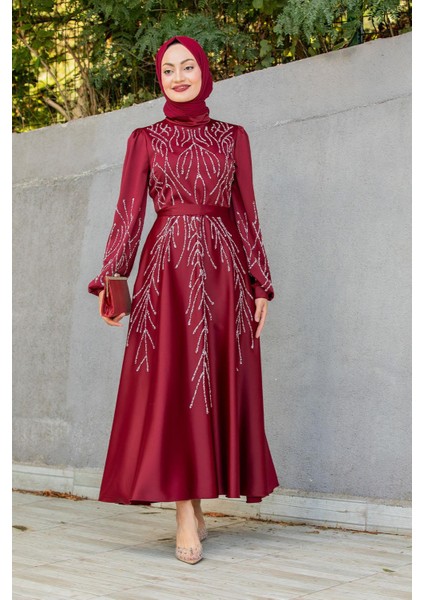 Ivy Boncuk Eva Nakışlı Saten Abiye-Bordo indirimleri