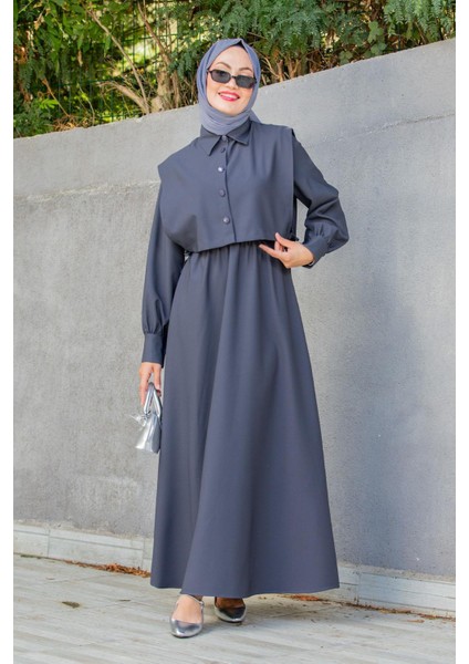 Double Krep Üst Cepken Detay Elbise-Ant