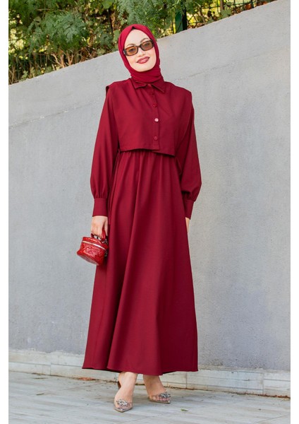 Double Krep Üst Cepken Detay Elbise-Bordo