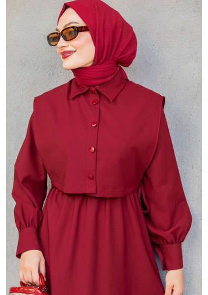 Double Krep Üst Cepken Detay Elbise-Bordo fiyatları