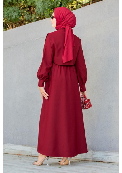 Double Krep Üst Cepken Detay Elbise-Bordo modelleri