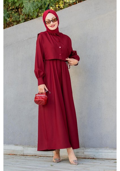 Double Krep Üst Cepken Detay Elbise-Bordo fırsatları