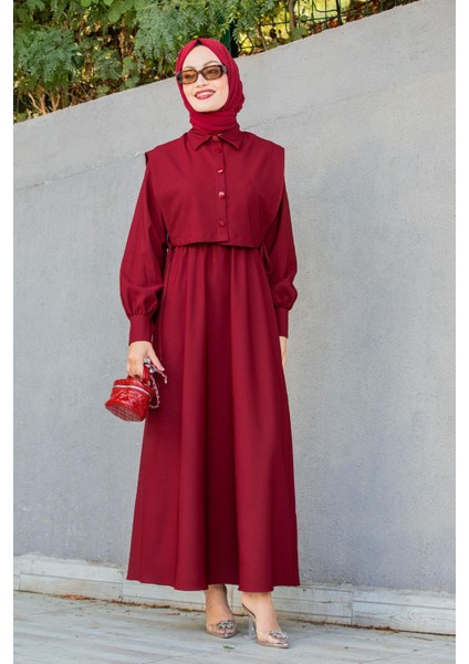 Double Krep Üst Cepken Detay Elbise-Bordo indirimleri