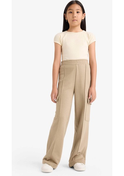 Kız Çocuk Beli Lastikli Wide Leg Kargo Eşofman Altı