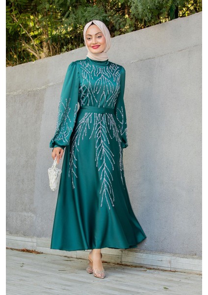 Ivy Boncuk Eva Nakışlı Saten Abiye-Zümrüt