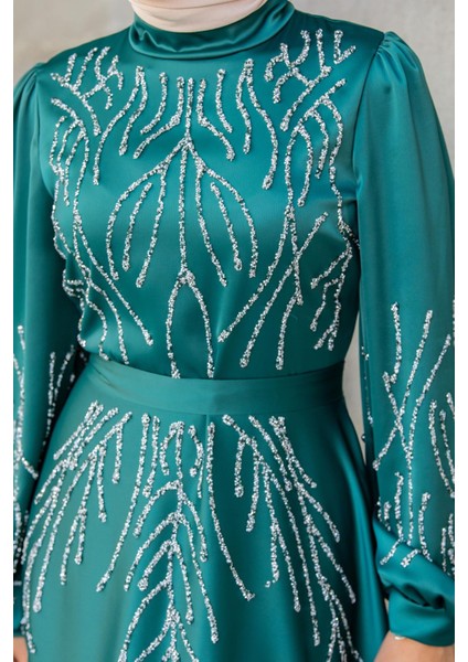 Ivy Boncuk Eva Nakışlı Saten Abiye-Zümrüt fiyatları