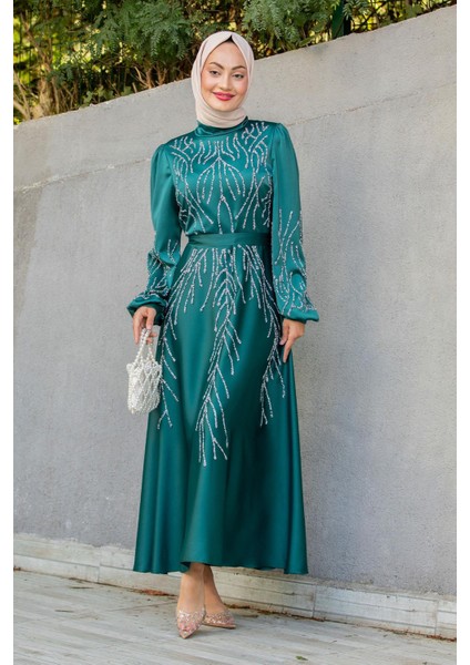 Ivy Boncuk Eva Nakışlı Saten Abiye-Zümrüt modelleri