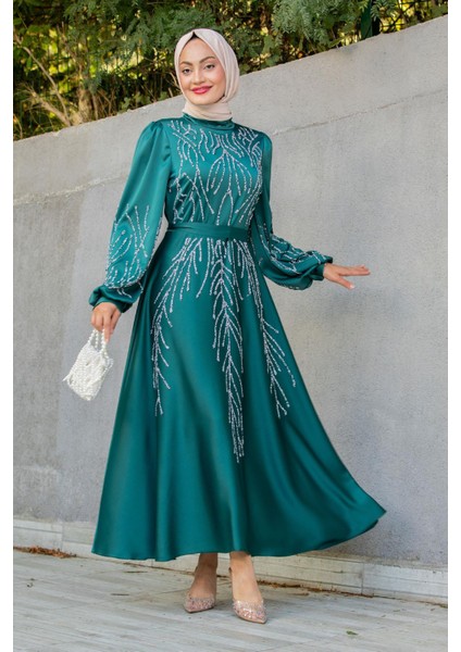 Ivy Boncuk Eva Nakışlı Saten Abiye-Zümrüt indirimleri