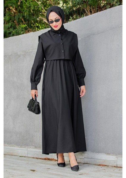 Double Krep Üst Cepken Detay Elbise-Siyah