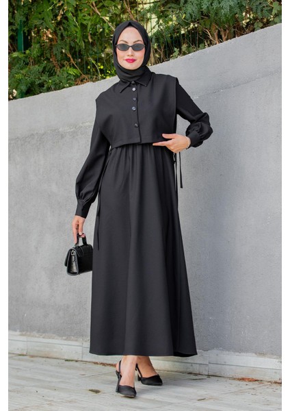 Double Krep Üst Cepken Detay Elbise-Siyah fırsatları