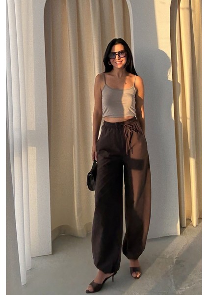 Kahve Paçası Lastikli Balon Pantolon