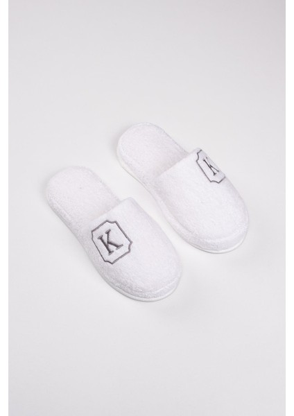 K Harf Nakışlı Banyo Ve Ev Havlu Terliği – %100 Pamuk Kaymaz Kalın Taban