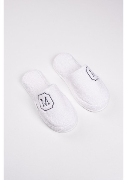 M Harf Nakışlı Banyo Ve Ev Havlu Terliği – %100 Pamuk Kaymaz Kalın Taban