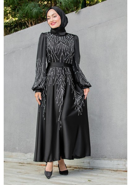 Ivy Boncuk Eva Nakışlı Saten Abiye-Siyah