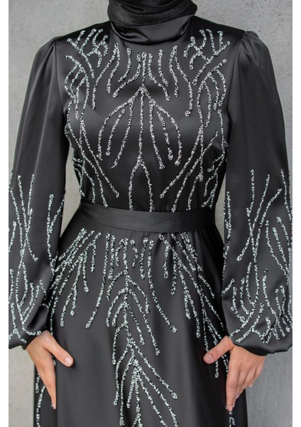 Ivy Boncuk Eva Nakışlı Saten Abiye-Siyah fiyatları