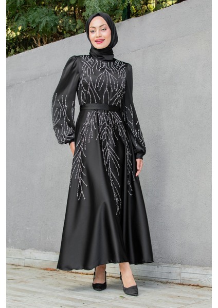 Ivy Boncuk Eva Nakışlı Saten Abiye-Siyah modelleri