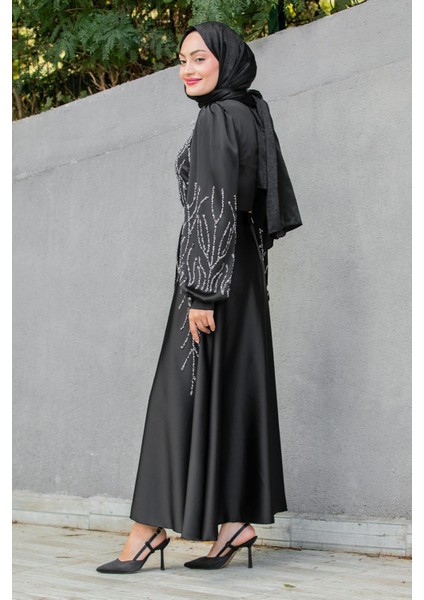 Ivy Boncuk Eva Nakışlı Saten Abiye-Siyah fırsatları