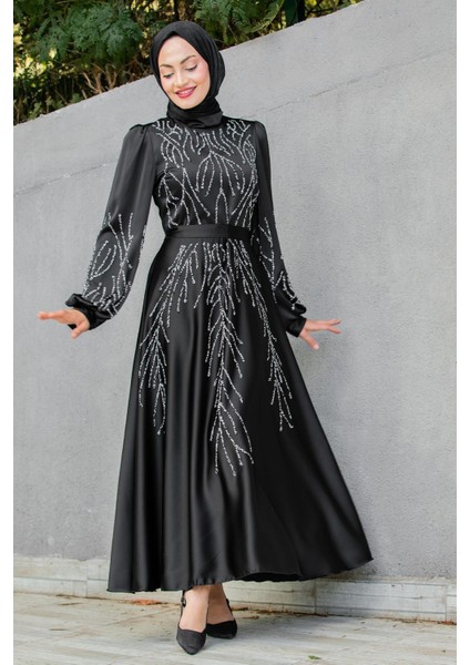 Ivy Boncuk Eva Nakışlı Saten Abiye-Siyah indirimleri