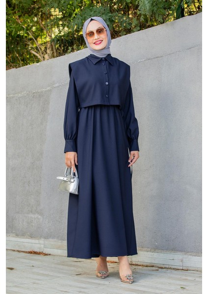 Double Krep Üst Cepken Detay Elbise-Laci