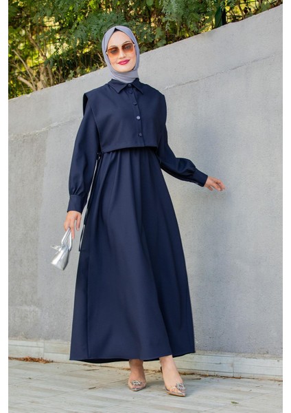 Double Krep Üst Cepken Detay Elbise-Laci fırsatları