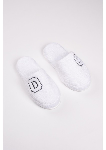 D Harf Nakışlı Banyo Ve Ev Havlu Terliği – %100 Pamuk Kaymaz Kalın Taban