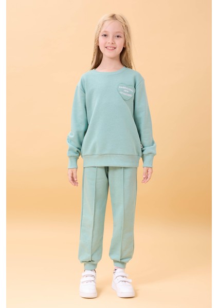 Kız Çocuk Basic Kalp Aplike Mevsimlik Alt Üst Takım Çağla