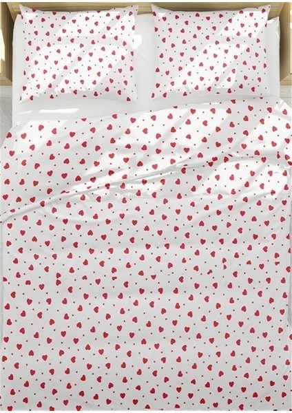 Lastikli Çarşaf Çift Kişilik Nevresim Takımı Beyaz Kırmızı Kalp Desenli