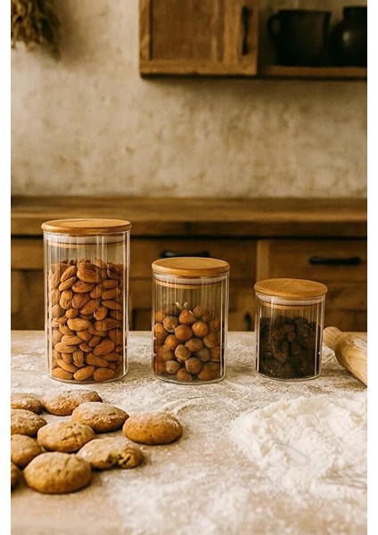 3’lü Çizgili Cam Baharatlık Seti – Hava Geçirmez Bambu Vakum Kapaklı Kavanoz Seti