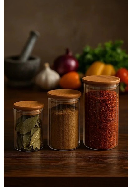 3’lü Çizgili Cam Baharatlık Seti – Hava Geçirmez Bambu Vakum Kapaklı Kavanoz Seti fırsatları