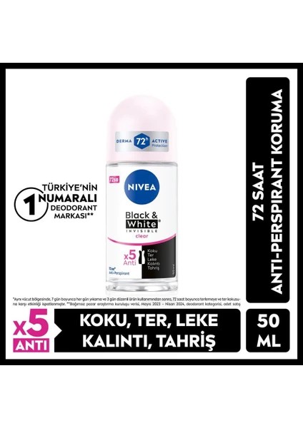 Nivea Kadın Roll-On Deodorant Black& White Invisible Clear 50ML, Ter ve Ter Kokusuna Karşı 72 Saat Anti-Perspirant Deodorant Koruması