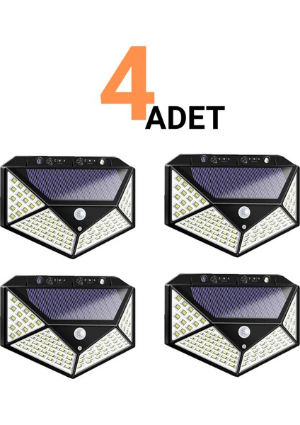 4 Adet 100 LED Solar Duvar Apliği – 30W, 1200 Lümen, IP65, 3 Modlu, Güneş Enerjili Sensörlü Lamba
