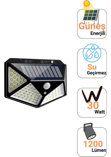 4 Adet 100 LED Solar Duvar Apliği – 30W, 1200 Lümen, IP65, 3 Modlu, Güneş Enerjili Sensörlü Lamba fiyatları