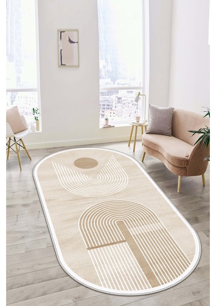 Makinede Yıkanabilir Kaymaz Taban Leke Tutmaz Bej Oval Salon Halısı Mutfak Halısı ve Yolluk