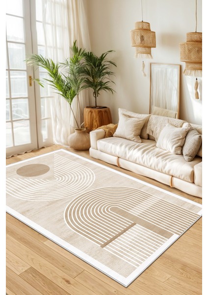 Makinede Yıkanabilir Kaymaz Taban Leke Tutmaz Bej Salon Halısı Mutfak Halısı ve Yolluk