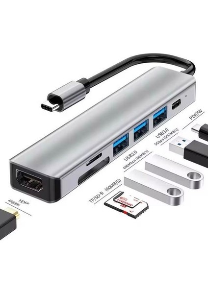 7in1 Aluminium PD100W Hızlı Şarj 4K 60Hz Hdm 3xusb 1xtype-C Tf/sd USB Çoklayıcı Çevirici