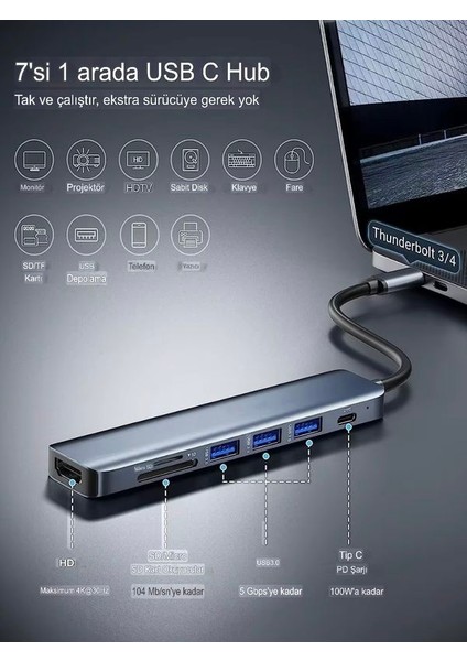 7in1 Aluminium PD100W Hızlı Şarj 4K 60Hz Hdm 3xusb 1xtype-C Tf/sd USB Çoklayıcı Çevirici modelleri
