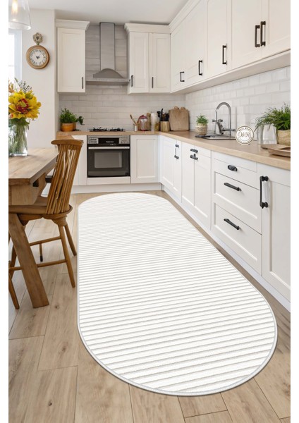 Makinede Yıkanabilir Kaymaz Taban Leke Tutmaz Beyaz Oval Salon Halısı Mutfak Halısı ve Yolluk