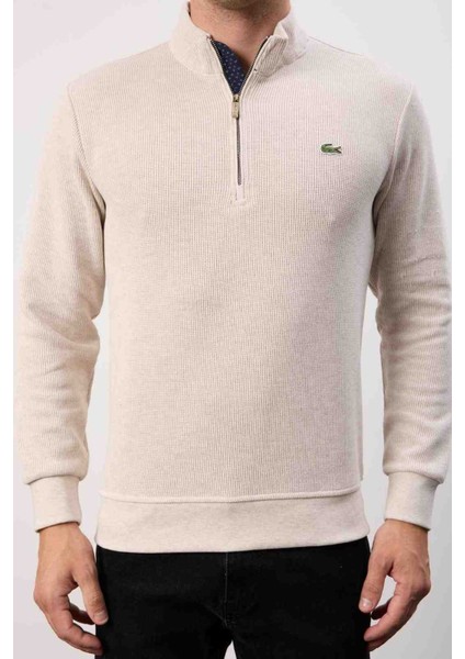 Basıc Fermuar Yaka Bej Slim Fıt