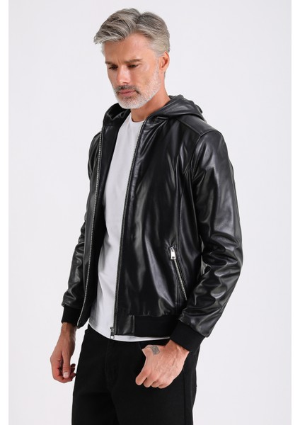 Arda Erkek Kapüşonlu Deri Mont