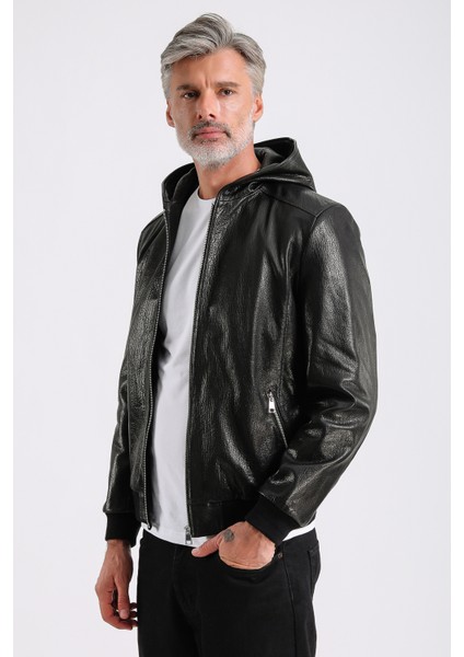 Arda Erkek Kapüşonlu Deri Mont