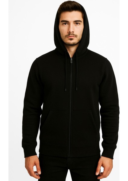 Erkek Siyah Fermuarlı Kapüşonlu SWEATSHIRT-W590