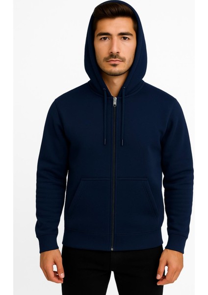 Erkek Siyah Fermuarlı Kapüşonlu SWEATSHIRT-W590