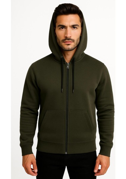 Erkek Siyah Fermuarlı Kapüşonlu SWEATSHIRT-W590