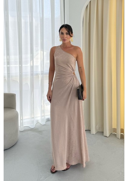 Taş Desenli Tek Kol Pencere Detaylı Elbise