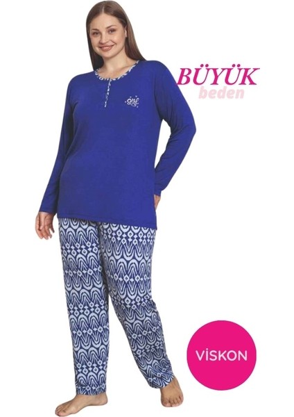 Kadın Etnik Desen 3 Düğmeli Likralı Viskon Mevsimlik Uzun Kol Pijama Takımı