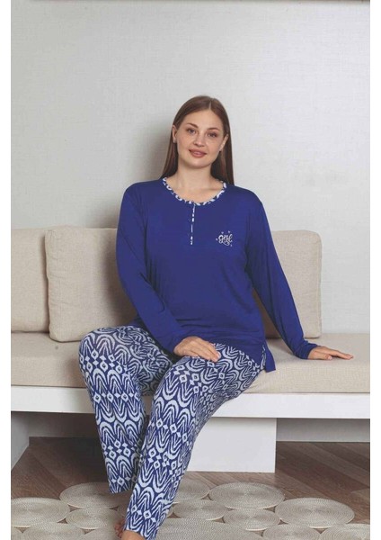 Kadın Etnik Desen 3 Düğmeli Likralı Viskon Mevsimlik Uzun Kol Pijama Takımı modelleri